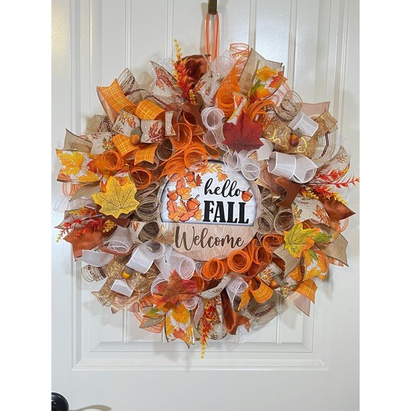 Handmade Hello Fall Welcome Door Wreath Acorn Leaf 22 in LED Thanksgiving W12 - Picture 2 of 10